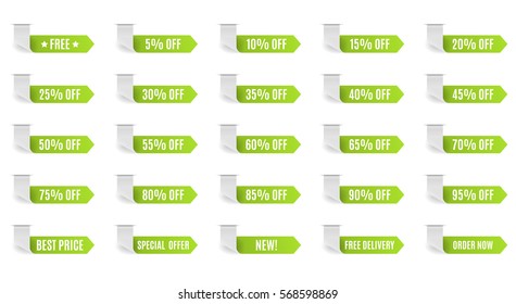 Green discount label set vector for design. 5 10 15 20 25 30 35 40 45 50 55 60 65 70 75 80 85 90 95 percent