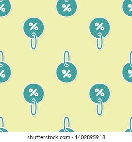 Green Discount percent tag icon isolated seamless pattern on yellow background. Shopping tag sign. Special offer sign. Discount coupons symbol. Vector Illustration