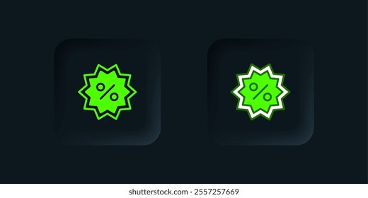 Green Discount percent tag icon isolated on black background. Shopping tag sign. Special offer sign. Discount coupons symbol. Black square button. Vector