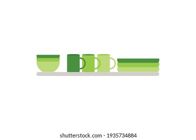 Green dishes on the shelf. Vector illustration.