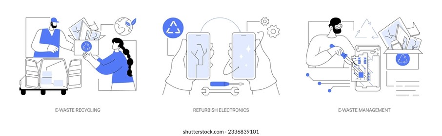 Green disposal in computing abstract concept vector illustration set. E-waste recycling, refurbish old electronics, e-waste management, electronical device reuse and repair abstract metaphor.