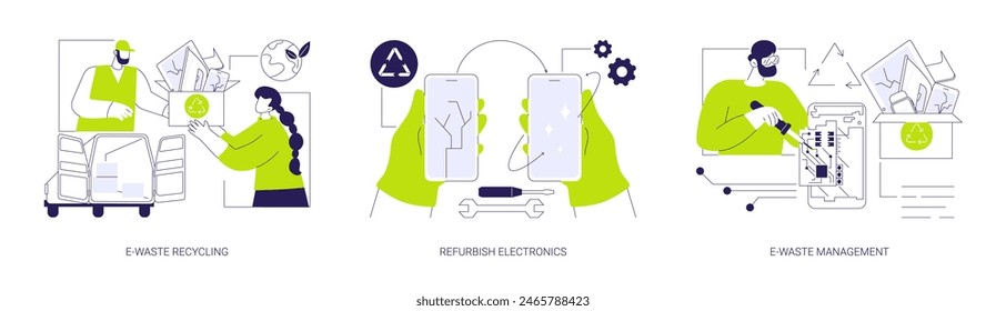 Green disposal in computing abstract concept vector illustration set. E-waste recycling, refurbish old electronics, e-waste management, electronical device reuse and repair abstract metaphor.