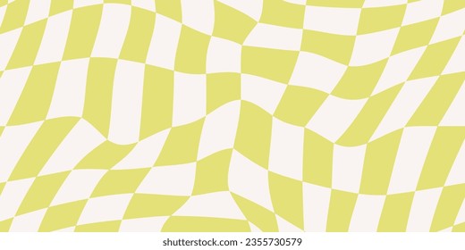 Grüner verzerrter Hintergrund an der Schachtel. Retro-psychedelische karierte Tapete. Große Schachbrettfläche. Trippiges gedrehtes geometrisches Muster. Abstrakte Vektorhintergrund