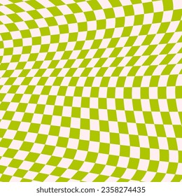 Green distorted checkerboard background. Retro psychedelic checkered wallpaper. Wavy groovy chessboard surface. Trippy twisted geometric pattern. Abstract vector backdrop