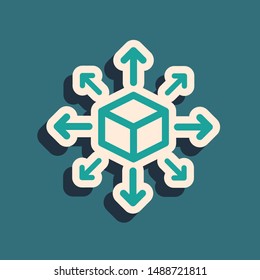 Green Distribution icon isolated on blue background. Content distribution concept. Long shadow style. Vector Illustration