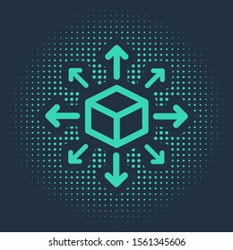 Green Distribution icon isolated on blue background. Content distribution concept. Abstract circle random dots. Vector Illustration