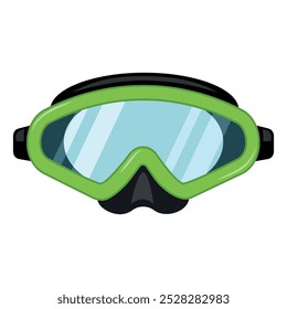 Green diving mask protective goggles for underwater swimming vector flat illustration. Deep water floating plastic eye gear extreme sport leisure activity exploration active adventure equipment