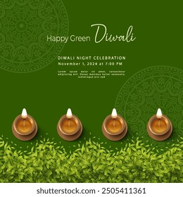 Green Diwali. Concept design. Traditional Indian copper diya lamp and pattern made of flowers and petals