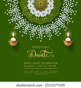 Diwali verde. Concepto de diseño. Fondo tradicional con la lámpara colgante diya y el patrón rangoli hecho de flores blancas