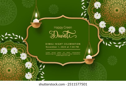 Green Diwali Concept design. Traditional background with hanging diya lamp, golden frame and rangoli pattern made of white flowers