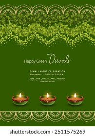 Modelo de cartaz de Diwali verde. Design conceitual. Lâmpada tradicional indiana de cobre diya e padrão feito de folhas verdes