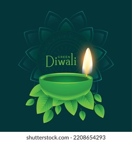 green Diya lamp for eco diwali greeting background 