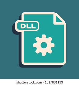 Green DLL file document. Download dll button icon isolated on blue background. DLL file symbol. Long shadow style. Vector Illustration