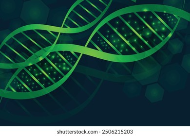Secuencia de vida de ADN verde brillo Ilustración vectorial brillante. Fondo de estructura de molécula de Ciencia