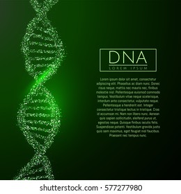 Green DNA life sequence glitter shiny vector illustration. Science molecule structure backgroundbackground. Vector eps10.