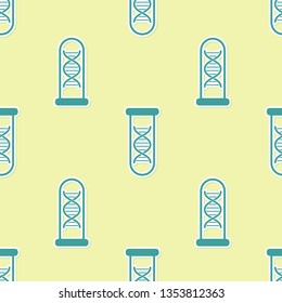 Green DNA research, search icon isolated seamless pattern on yellow background. Genetic engineering, genetics testing, cloning, paternity testing. Vector Illustration