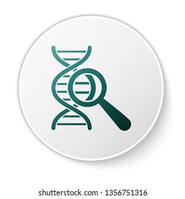 Green DNA research, search icon isolated on white background. Magnifying glass and dna chain. Genetic engineering, cloning, paternity testing. White circle button. Vector Illustration