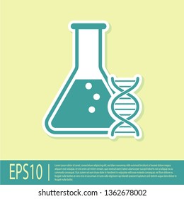 Green DNA research, search icon isolated on yellow background. Genetic engineering, genetics testing, cloning, paternity testing. Vector Illustration