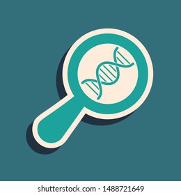 Green DNA research, search icon isolated on blue background. Magnifying glass and dna chain. Genetic engineering, cloning, paternity testing. Long shadow style. Vector Illustration