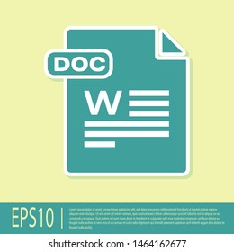 Green DOC file document. Download doc button icon isolated on yellow background. DOC file extension symbol.  Vector Illustration