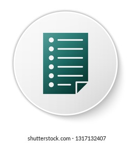 Green Document icon isolated on white background. File icon. Checklist icon. Business concept. Green circle button. Vector Illustration