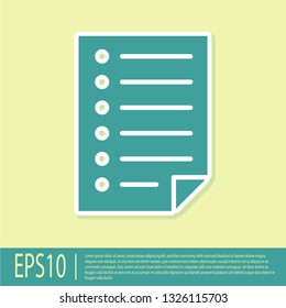 Green Document icon isolated on yellow background. File icon. Checklist icon. Business concept. Flat design. Vector Illustration