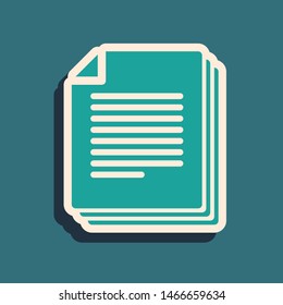 Green Document icon isolated on blue background. File icon. Checklist icon. Business concept. Long shadow style. Vector Illustration