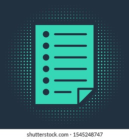 Green Document icon isolated on blue background. File icon. Checklist icon. Business concept. Abstract circle random dots. Vector Illustration