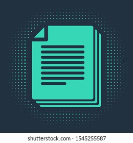 Green Document icon isolated on blue background. File icon. Checklist icon. Business concept. Abstract circle random dots. Vector Illustration