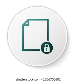 Green Document and lock icon isolated on white background. File format and padlock. Security, safety, protection concept. White circle button. Vector Illustration