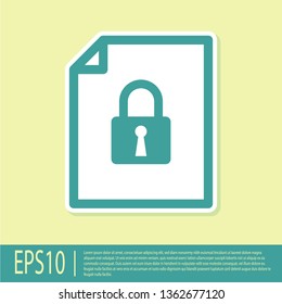 Green Document and lock icon isolated on yellow background. File format and padlock. Security, safety, protection concept. Vector Illustration
