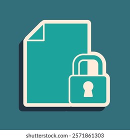 Green Document and lock icon isolated on green background. File format and padlock. Security, safety, protection concept. Long shadow style. Vector