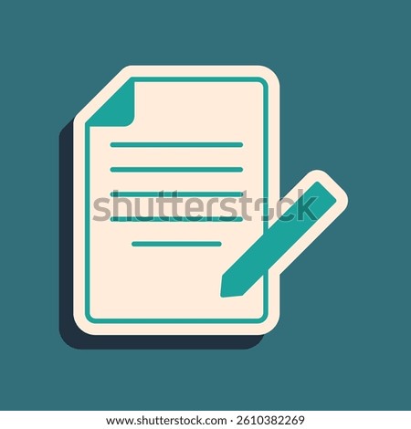 Green Document and pen icon isolated on green background. File icon. Checklist icon. Business concept. Long shadow style. Vector