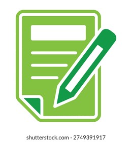 Green document and pencil icon symbolizing writing and editing on a white background with simple design