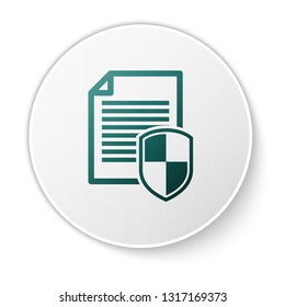 Green Document protection concept icon on white background. Confidential information and privacy idea, secure data with paper doc roll and guard shield. Green circle button. Vector Illustration