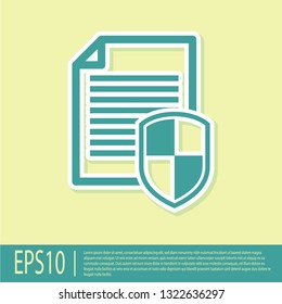 Green Document protection concept icon on yellow background. Confidential information and privacy idea, secure data with paper doc roll and guard shield. Flat design. Vector Illustration