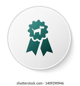 Green Dog award symbol icon isolated on white background. Medal with dog footprint as pets exhibition winner concept. White circle button. Vector Illustration