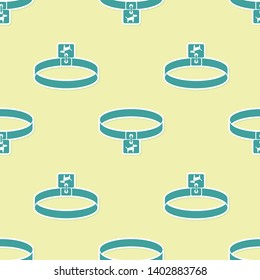 Green Dog collar with name tag icon isolated seamless pattern on yellow background. Simple supplies for domestic animal. Cat and dog care. Pet dog chains. Vector Illustration
