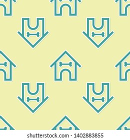 Green Dog house and bone icon isolated seamless pattern on yellow background. Dog kennel. Vector Illustration