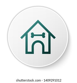 Green Dog house and bone icon isolated on white background. Dog kennel. White circle button. Vector Illustration