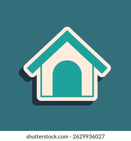 Green Dog house icon isolated on green background. Dog kennel. Long shadow style. Vector