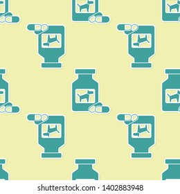 Green Dog medicine bottle and pills icon isolated seamless pattern on yellow background. Container with pills. Prescription medicine for animal. Vector Illustration
