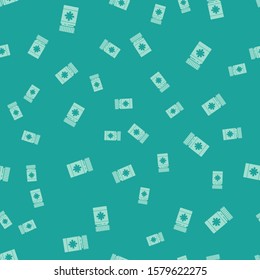Green Dog medicine bottle and pills icon isolated seamless pattern on green background. Container with pills. Prescription medicine for animal.  Vector Illustration