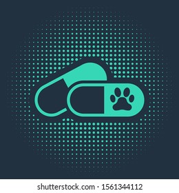 Green Dog and pills icon isolated on blue background. Prescription medicine for animal. Abstract circle random dots. Vector Illustration