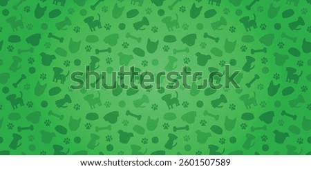 Green Dogs Background - Silhouettes of Dogs, Dog Food, Bones, Balls and Footprints with Gradient in Green Tones. Rectangular Background.