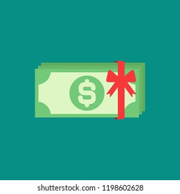 Green Dollar Bank Notes Pack With Red Ribbon Isolated On Blue. Money Prize, Gift Or Award Flat Icon. Salary, Cash, Currency, Bank Paper Vector Illustration. Win In A Lottery, Bonus Concept