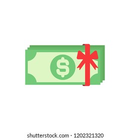 Green dollar bank notes pack with red ribbon isolated on white. Money prize, gift or award flat icon. Salary, cash, currency, bank paper vector illustration. Win in a lottery, bonus concept