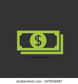 Green Dollar banknote icon. Money sign isolated, Vector illustration