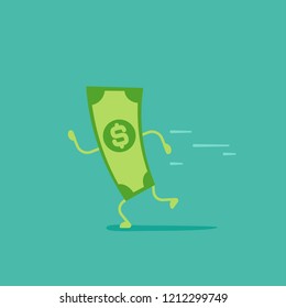 Green dollar banknote with legs and hands running. Flat vector illustration on blue. Chasing money. Cash, currency, income growth.  Bank paper vector illustration.