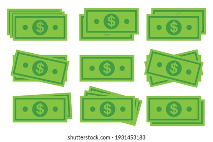 Green dollar banknotes. Flat paper money cash. Different dollar banknotes isolated on white background. Vector illustration.